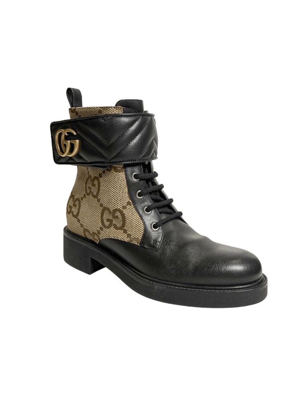 Gucci Flores GG Monogram Canvas Double G Leather Ankle Boots EU 38.5 Black Camel